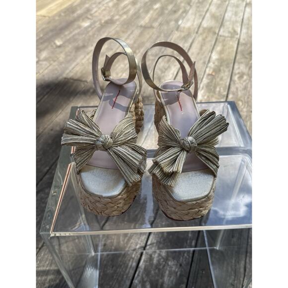 Loeffler Randall Gaby Gold Pleated Bow Espadrille Sandals Ankle Wrap Platform 7 - Picture 1 of 8